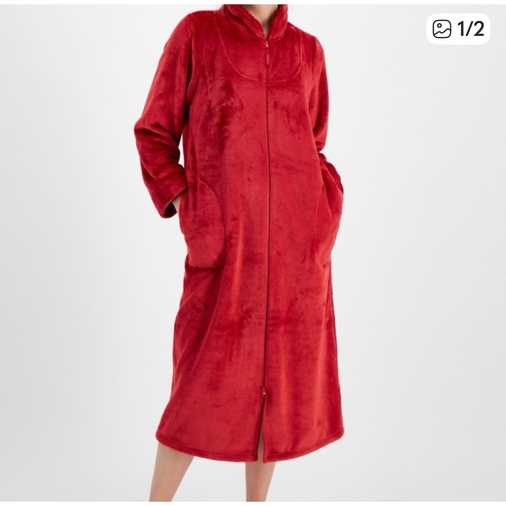 Charter Club Intimates Womens‎ Red Plush Fleece Full Zip Robe Loungewear XL Cozy